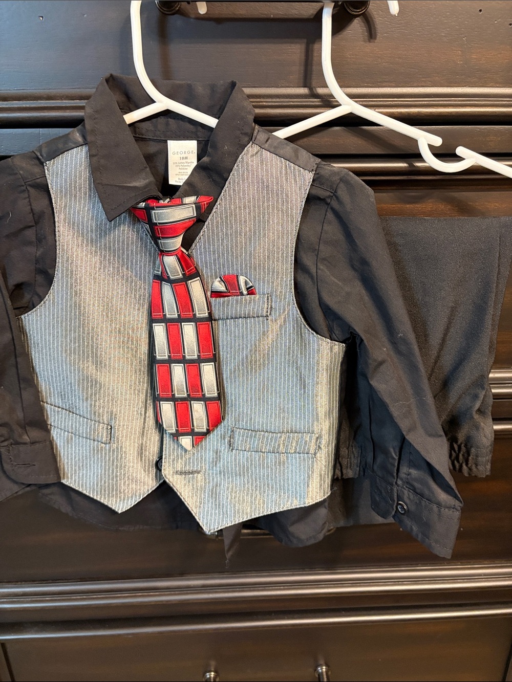 George Boys' Black Shirt with Gray Pinstripe Vest and Red Patterned Tie